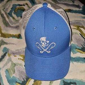 Salt Life Skull and Hooks Mesh Trucker Hat in Blue and White